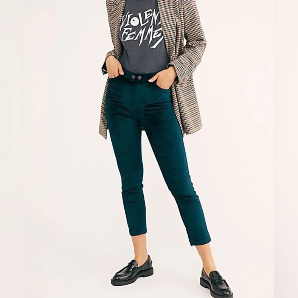 Free‎ People 26 Green Velvet High Waist Sweet Jane Jeans Pants Slim Skinny Retro